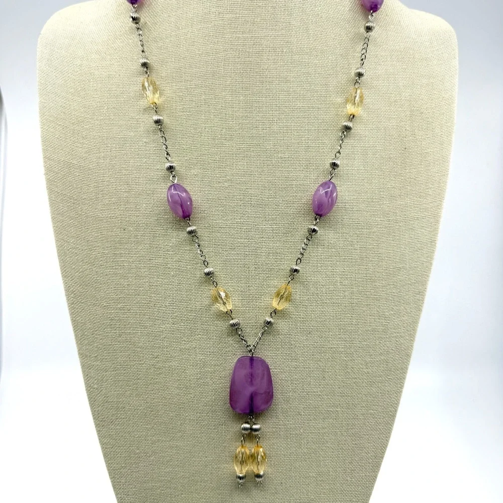 Necklace Vintage Y Drop Purple Yellow Beads Silver Tone Boho Statement Pendant